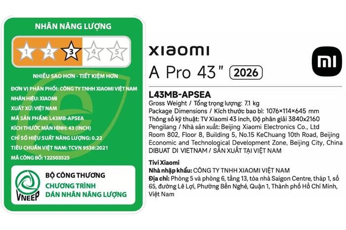 Google Tivi QLED Xiaomi 4K 43 inch L43MB-APSEA 2026